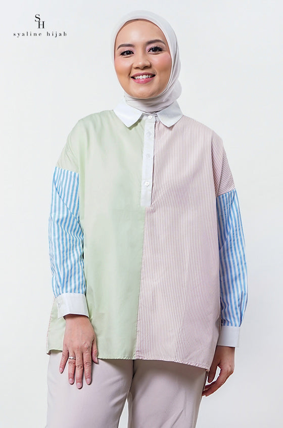 Syaline Hijab - Almahira Shirt Beige Stripe