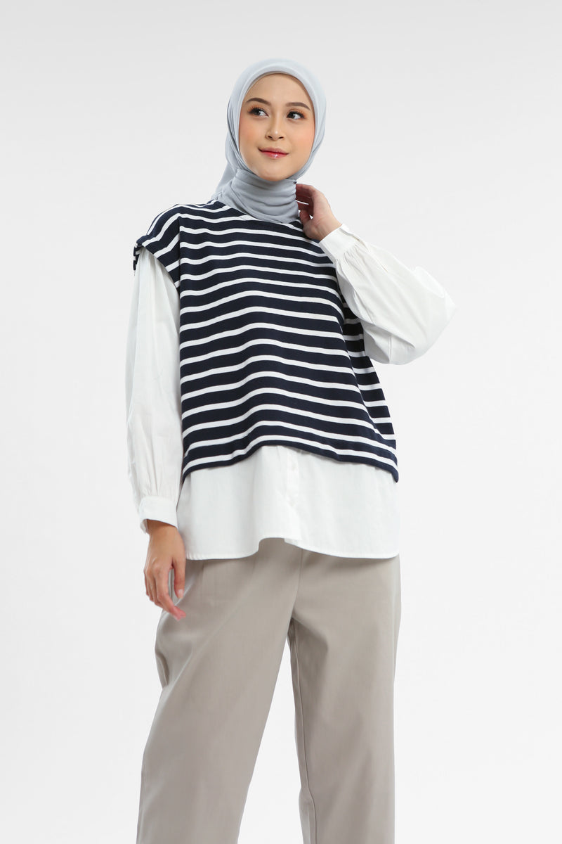 Syaline Hijab - Lexi Blouse Navy Blue Stripe